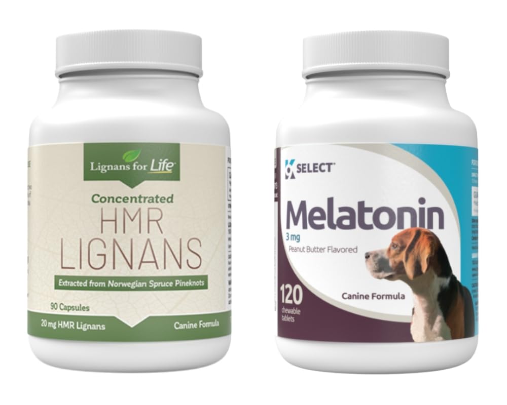 ライフ&K9のためのLignansは、ペットケアバンドル - HMR Lignans 20mg、90カプセル - Melatonin&3mg、120ピーナッツバター風味のタブレット - マルチビタミン犬のウェルネスサプリメントトリート - 中サイズの犬の品種