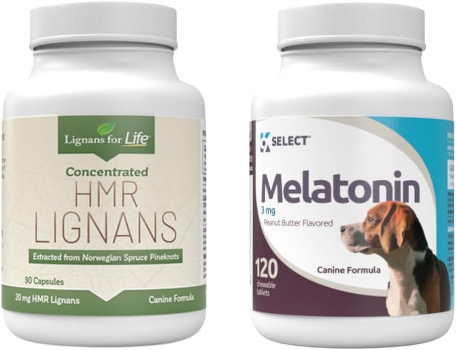 ライフ&K9のためのLignansは、ペットケアバンドル - HMR Lignans 20mg、90カプセル - Melatonin&3mg、120ピーナッツバター風味のタブレット - マルチビタミン犬のウェルネスサプリメントトリート - 中サイズの犬の品種