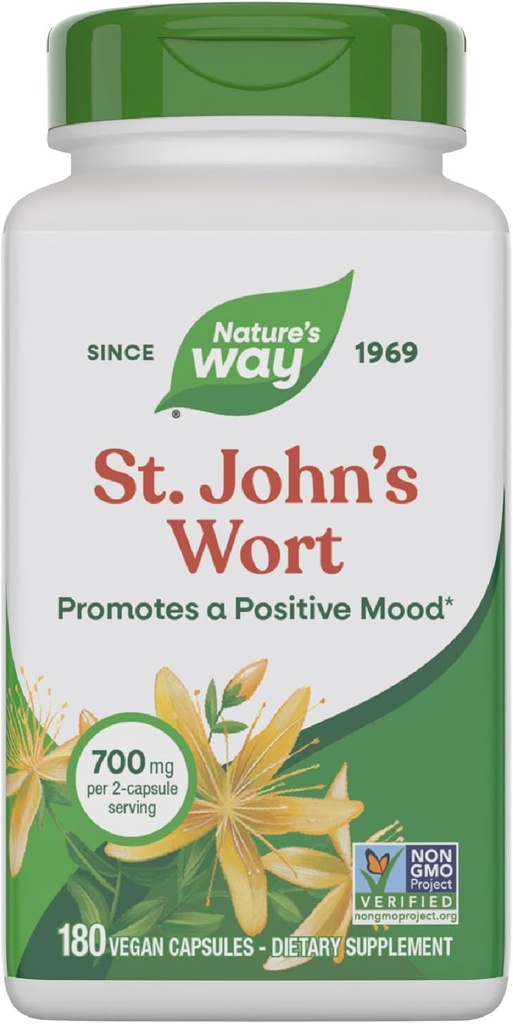 Nature's Way St. John's Wort Herb, 肯定的なOutlookを促進します*, 700 mg/ 2カプセルのサービング, 非GMOプロジェクト検証, ビーガン, 180 カプセル (パッケージング 5 月 Vary)
