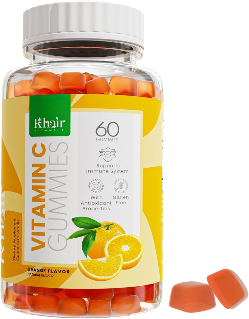 Khair Halal Vitamin C Gummies - 非GMO、グルテンフリー、ゼラチンフリー、ベジタリアン - 免疫サポートグミー、大人のためのハラールおいしいビタミン - 60グミ