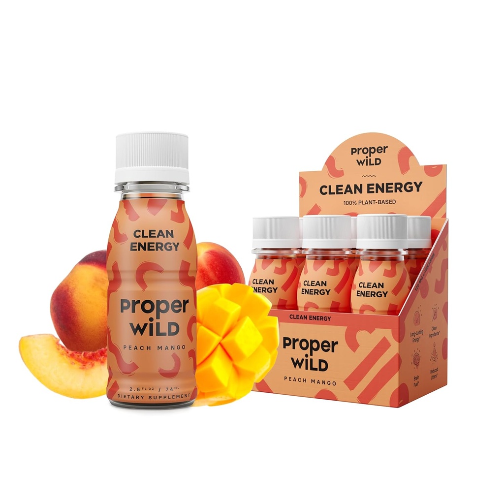 Proper Wild Vegan Energy Shots, with L-Theanine, and Organic Caffeine, Clean Plant Based Energy Drink, Gluten-Free, GMO-Free, Dairy-Free, Stevia-Free, Soy-Free, Peach Mango, 2.5 Fl Oz, 6 Pack