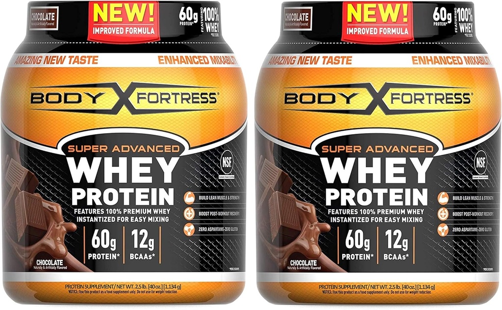 Body Fortress Super Advanced Whey Protein Powder, Gluten Free, Chocolate Flavor, 2 Pound, Pack of 2