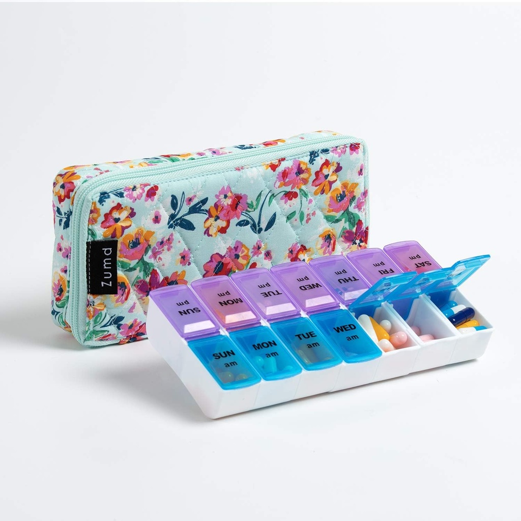 週刊ピルオーガナイザー2日、Zumdピルボックス7日、かわいいキルティングファブリックジッパーケース、旅行ピルケースはビタミン医薬品オーガナイザーのためのAM Pm