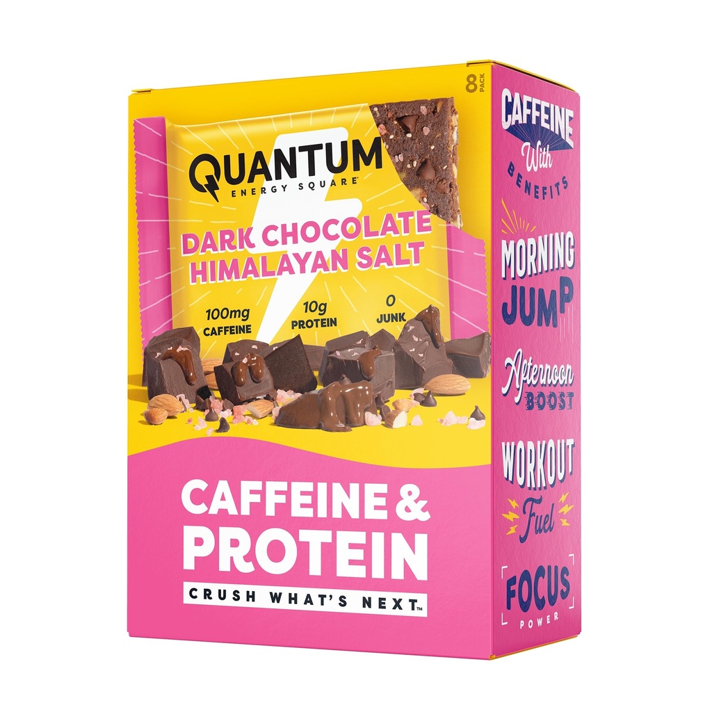 Quantumエネルギースクエア:カフェインと10gタンパク質のエネルギーバー。 ゴーでおいしいヘルシーなスナック。(ビーガン、グルテンフリー、大豆フリー、酪農)(ダークチョコレートピンクヒマラヤ塩)