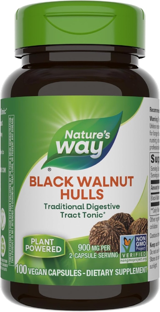 Nature's Way Black Walnut Hulls, 伝統的な消化管トニック*, 900 mg/ 2カプセルのサービング, 非GMOプロジェクト検証, ビーガン, 100カプセル (パッケージ 5 月 Vary)