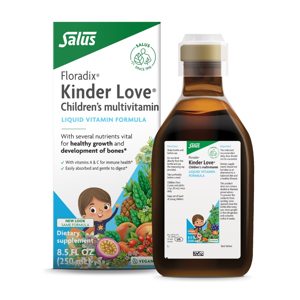 Floradix Kinder Love Children's Multivitamin - ハーブサプリメント - 子供のための液体マルチビタミン - ビタミンA、C、D&E、カルシウム&その他 - ベジタリアン、非GMO、グルテンフリー - 8.5 fl oz