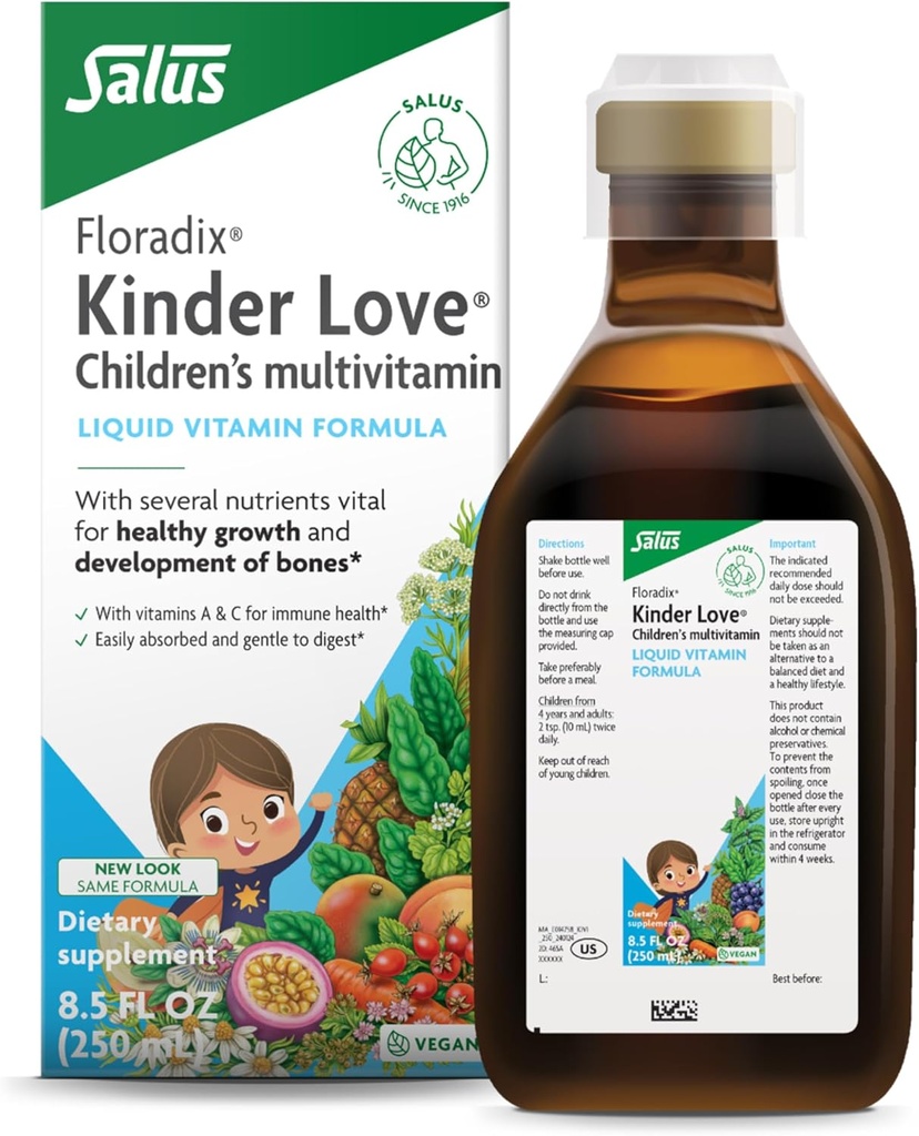 Floradix Kinder Love Children's Multivitamin - ハーブサプリメント - 子供のための液体マルチビタミン - ビタミンA、C、D&E、カルシウム&その他 - ベジタリアン、非GMO、グルテンフリー - 8.5 fl oz