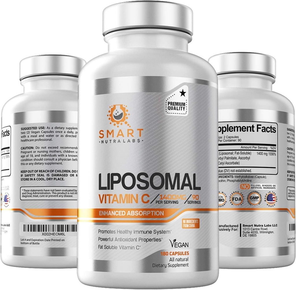 LiposomalビタミンC 1400mg- 180ビーガンカプセル - 中国無料の成分、脂肪溶性高吸収性VIT C-サポート健康な免疫システム&コラーゲンブースター - 強力な抗酸化サポートサプリメント