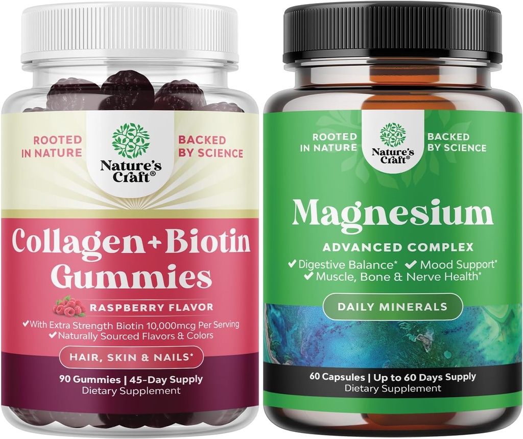 Bundle of Hair Skin and Nails Gummies for Women - Extra Strength Biotin and Collagen Gummies for Women Hair Skin Nails Support and High Absorption Magnesium Complex Supplement for Stomach & Digestion