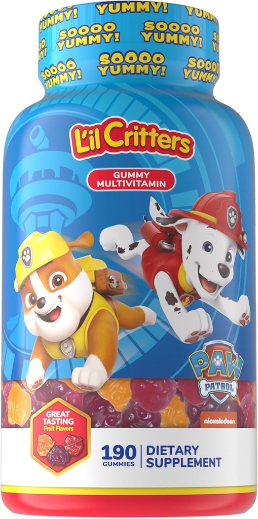 L’il Critters Paw Patrol Gummy Vites Daily Gummy Multivitamin for Kids, Vitamin C, D3 for Immune Support Cherry, Orange and Blueberry Flavors, 190 Gummies