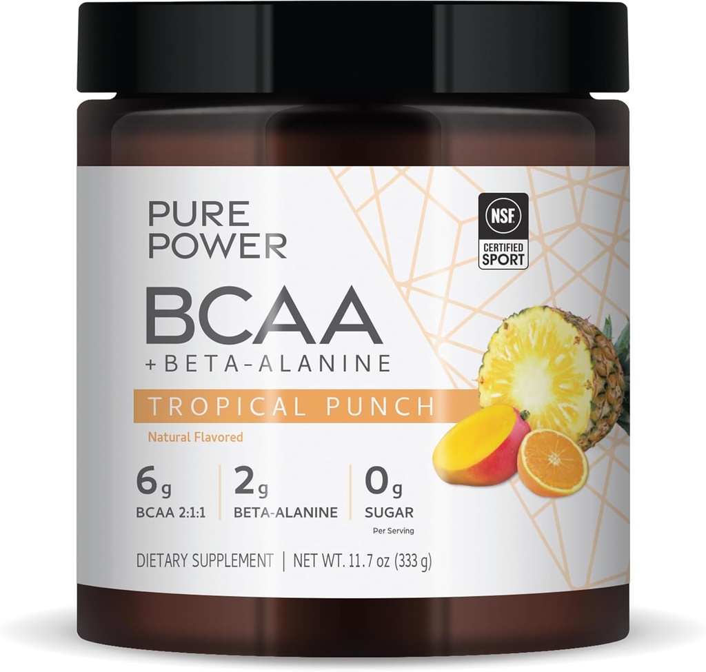 純粋な力 BCAA + ベータアラニン、トロピカル パンチの味、11.7 oz (333 g)、30 サービング、6g BCAA、2g ベータアラニン、0g 砂糖、非 GMO、マーボラ