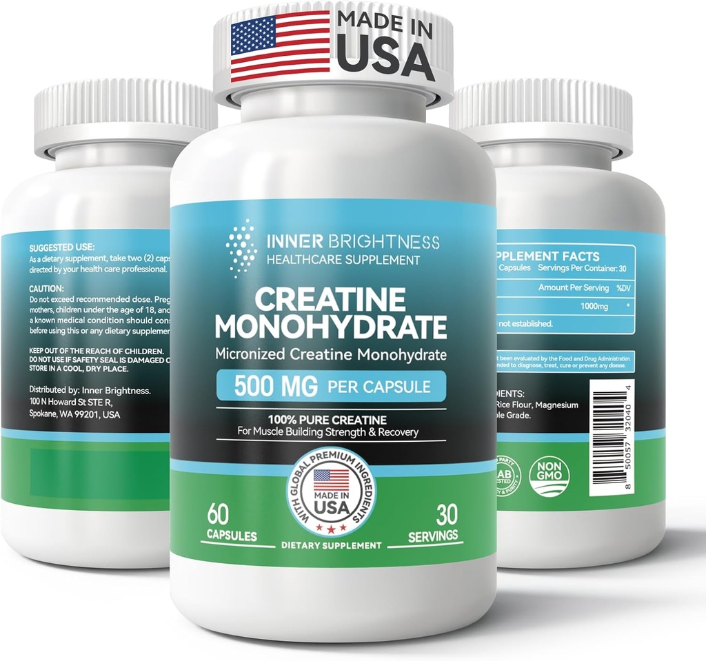 Creatine Monohydrate Capsules for Muscle Builder, Endurance & Strength, Workout Supplement | Non-GMO, Gluten Free - 60 Capsules