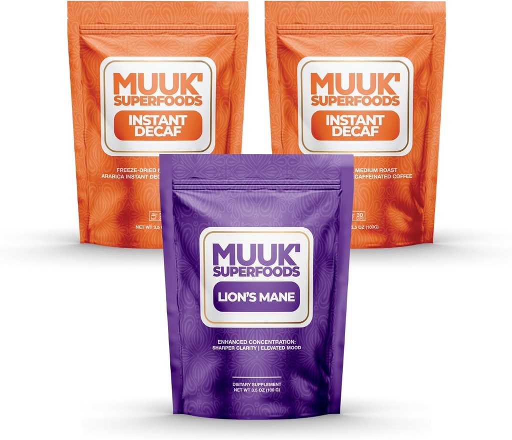 MUUK' SUPERFOODS | デカフ茸のコーヒーバンドル | 60 ライオンのマネのマッシュルームパウダープラス 60 カップのカフェインインスタントコーヒー