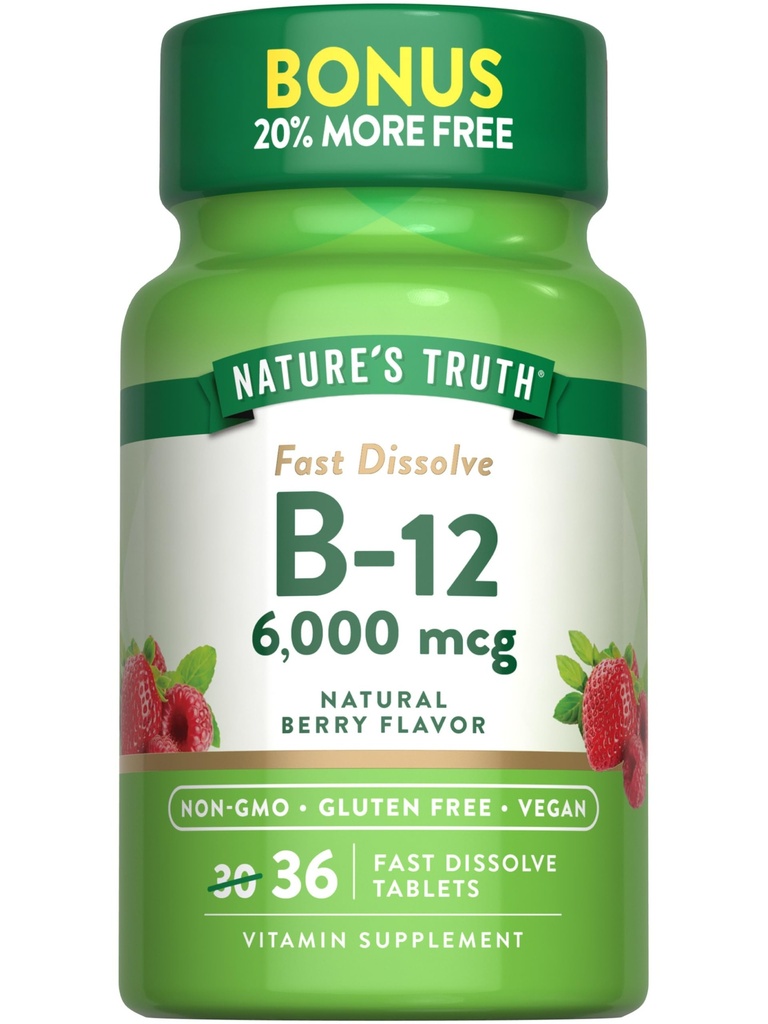 自然の真理 B12 ビタミン 6000 mcg | メチルコバラミン | 36 錠 | 速い分解の自然な果実味 | ビーガン、非GMO&グルテンフリー