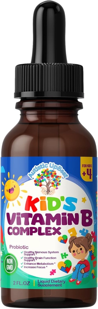 Autistic UpBeat: キッドのビタミンBコンプレックス | キッドフレンドリードロップ | 比類のない | B1、B2、B3、B6、B7、B9、B12 | 脳機能、焦点、代謝 | キッズB複合液滴サプリメント