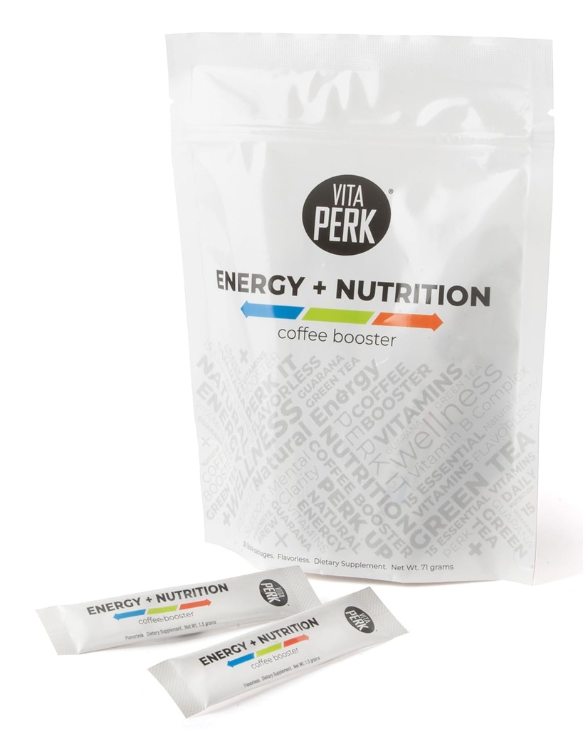 VitaPerkの味のないエネルギー飲み物の粉-エネルギー サポートのための15のビタミン及び鉱物、緑茶及びグアラナが付いているMultivitaminの粉、高めますあなたのコーヒー、茶、スムージー及び多く- 0.05oz、30の棒のパック
