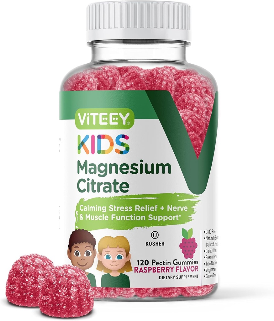 Viteey Kids Magnesium Citrate Gummies - Supports Sleep Aid, Calm Gummies, Muscle Relaxer, Optimal Relaxation - Vegetarian, Gelatin Free, Gluten Free, GMO Free - Tasty Chewable Raspberry Flavored Gummy