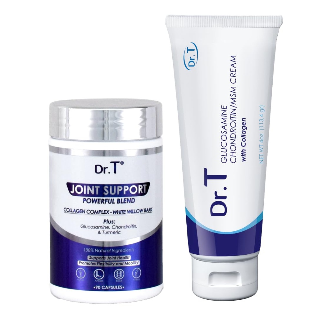 Dr. T 共同健康バンドル:グルコサミン/コラージュ + 共同サポートサプリメント付きコンロ MSM クリーム | アスレツ ジョイント&マッスルリリーフ | 非GMO、グルテンフリー、米国製
