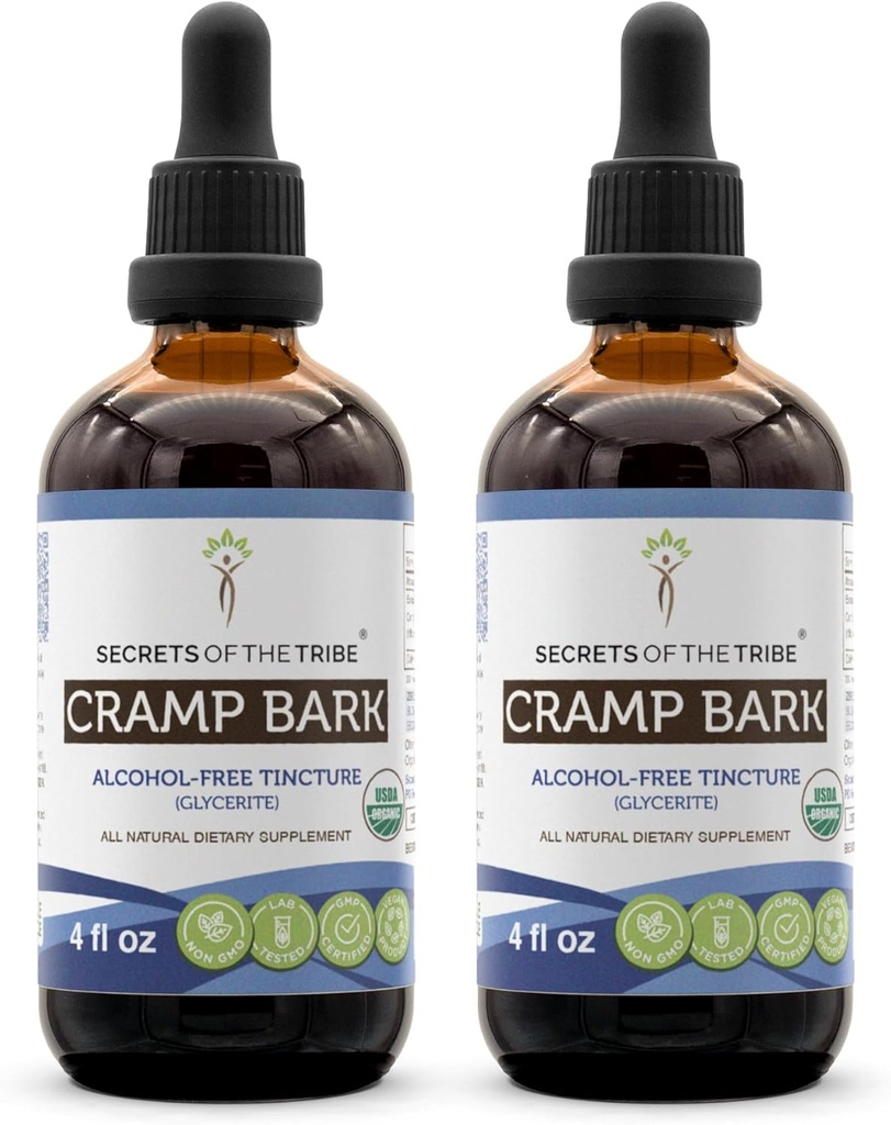 Tribe Cramp Bark USDA Organicの秘密 | アルコールフリーエキス、高効力ハーブドロップ | 100%認定オーガニックCramp Bark(Viburnum Opulus)ドライバーク(2x4 FL Oz)製