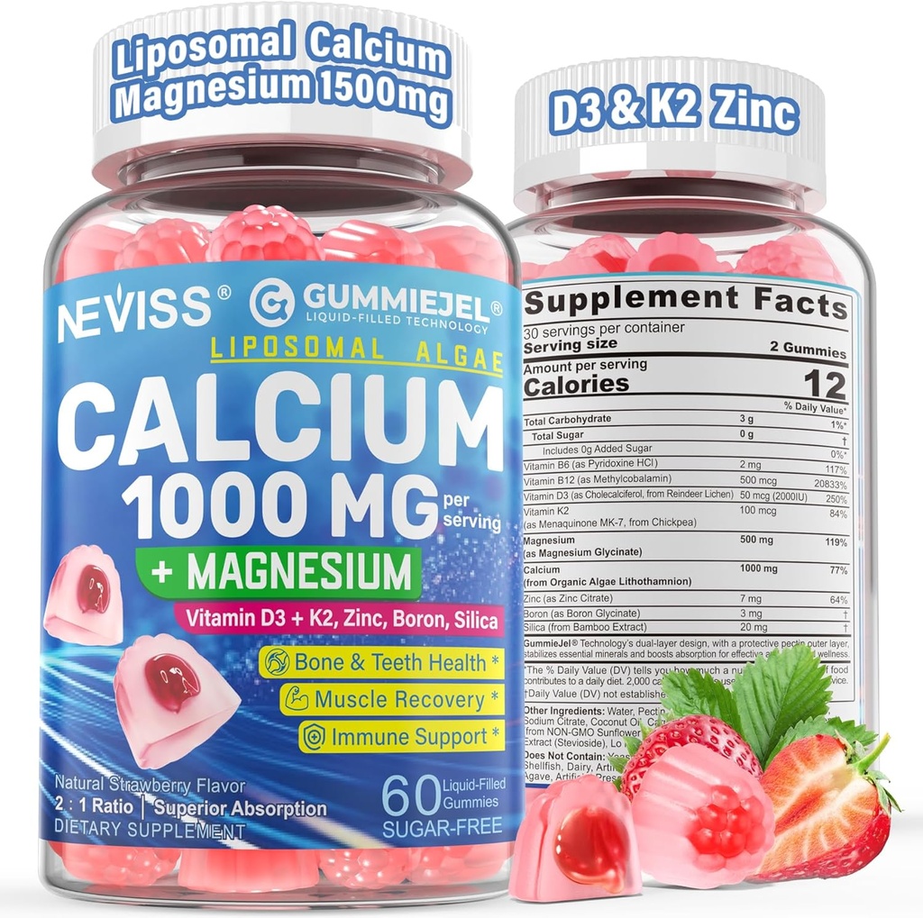 女性のためのカルシウムサプリメント, 男性 - ビタミンD3 K2とリポソームカルシウム1000mg, マグネシウムGlycinate, 亜鉛, ほう素, 骨の健康のためのシリカ - 砂糖無料カルシウムマグネシウム亜鉛グミ, ビーガン, 60 カウント