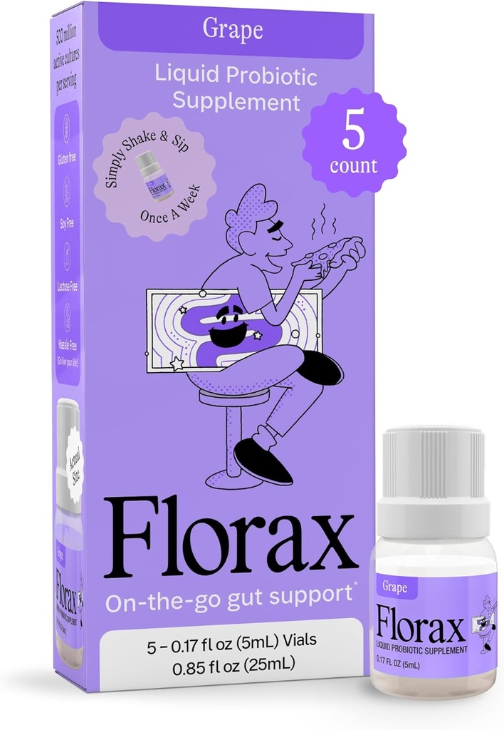 Florax - Liquid Probiotic - On-The-go Gut Support for Women, Men, and Children - Vegan, Gluten Free, Lactose Free, Soy Free and Preservative Free - Grape Flavor - 5 Vials
