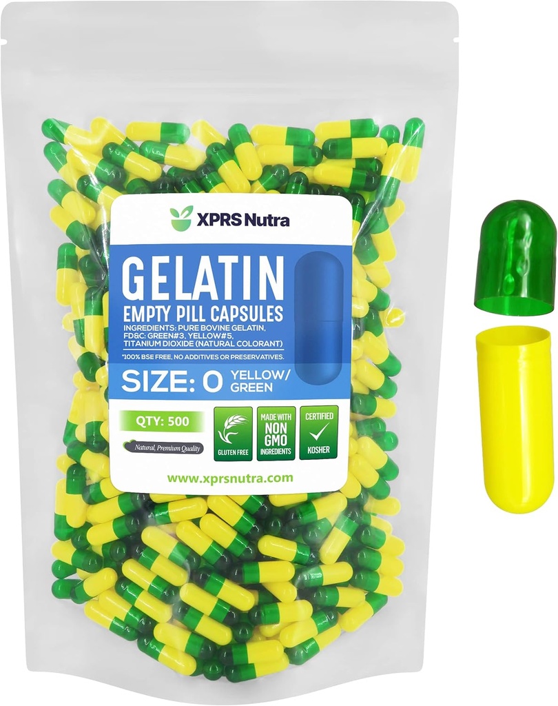 XPRSのNutraのサイズ0の空のカプセル- 500の計算の空のゼラチンのカプセル-DIYのカプセルの詰物のための丸薬-D-It-Yourselfの補足のための純粋な牛の丸薬のゲルの帽子(緑/黄色)