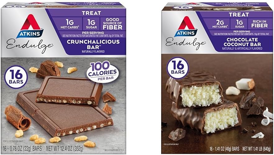 AtkinsのEndulgeのCrunchaliciousチョコレート棒16の計算及びチョコレートココナッツ棒16の計算の束
