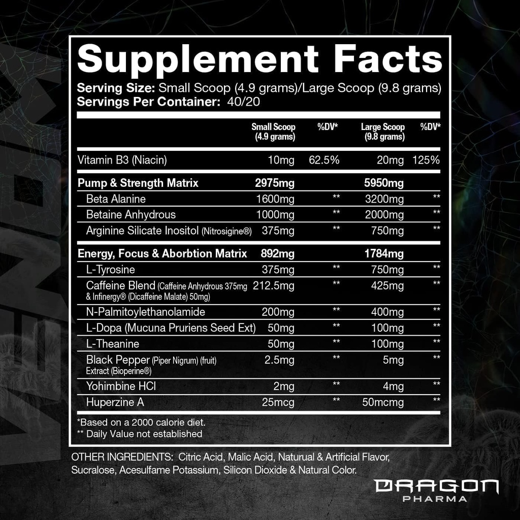 DRAGON PHARMAのVenomの極度な効力のプレワークアウト、レーザーのシャープの焦点+エネルギー、強い性能、高められたVasodilation及び耐久性のためのProvenの原料(40のサービング、アメリカ ジュース)