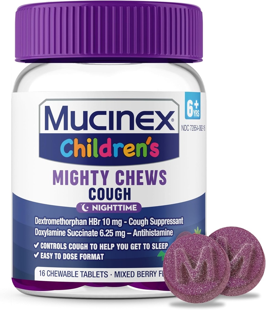 Mucinexの子供のマイティの咀嚼の夜間の子供の咳の薬、Dextromethorphan、咳のための子供旅行薬、混合されたベリーの味、16の薬化された咀嚼可能なタブレットが付いている咳の抑制剤を線量すること容易な