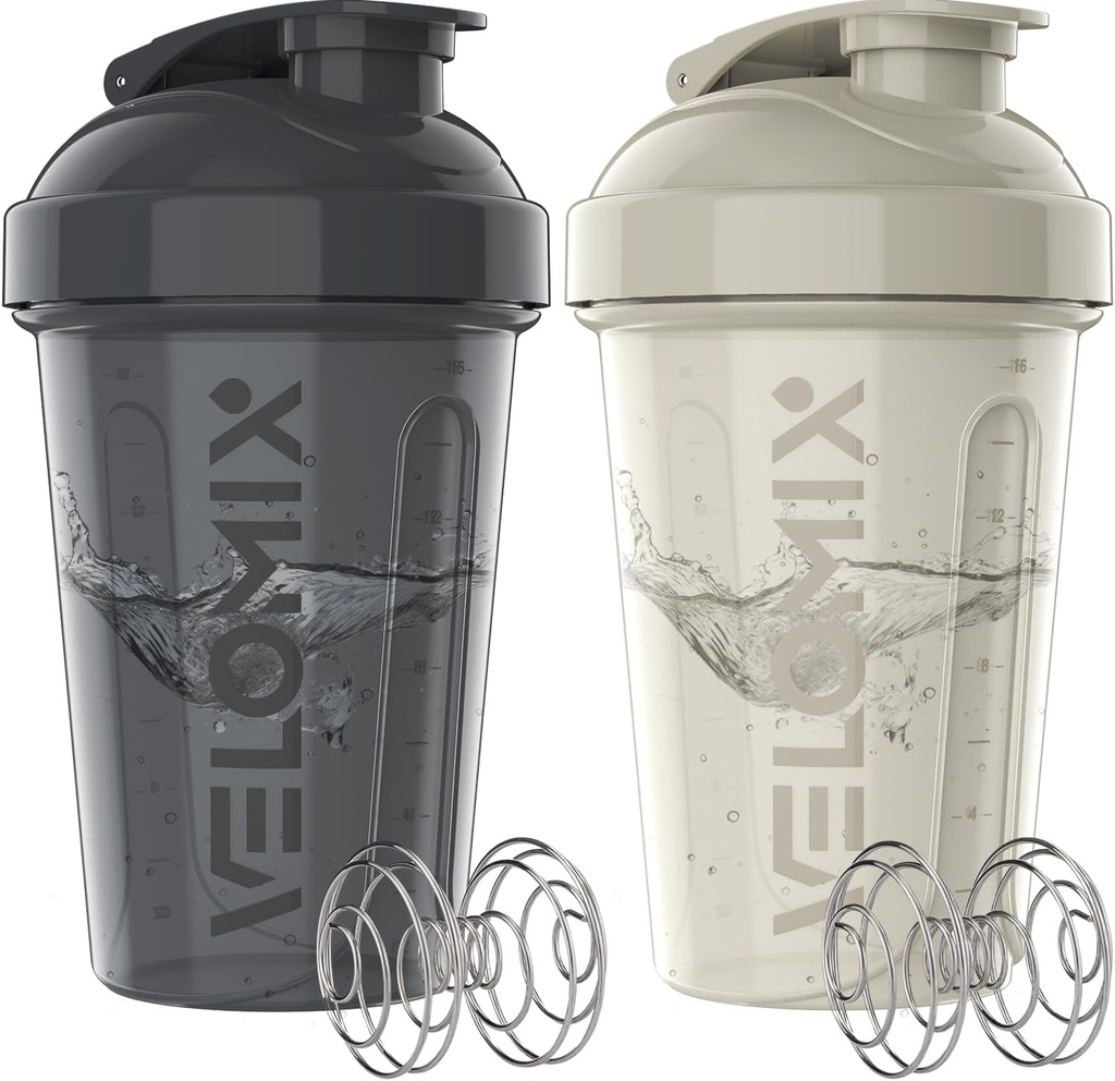 VELOMIX -2 パック - 20 oz プロテインミキサー用プロテインシェーカーボトル - 2x ワイヤーウィスク | リーク プロテインシェークとプレワークアウトのためのプルーフシェーカーカップ | タンパク質シェーカーボトルパック(グレー/ホワイト)