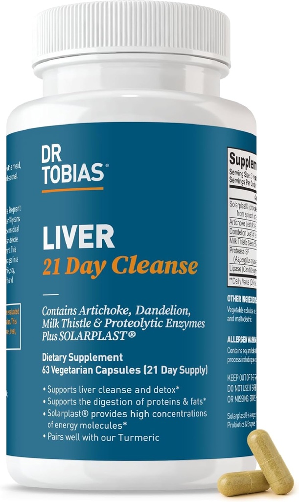Dr. Tobias Liver 21 Day Cleanse, ミルクアザミとハーブ肝臓デトックスクレンジング, Dandelion Root & Artichoke Extract, 肝臓の健康と消化をサポート, 63 ベジタリアンカプセル