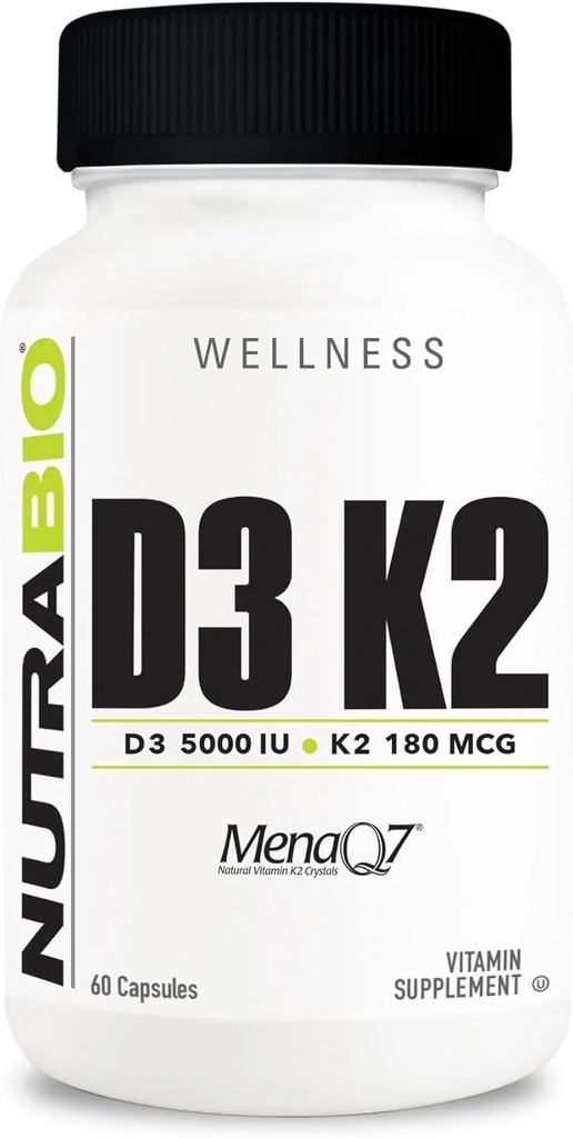 NutraBio Vitamin D3 K2 | 5000 IU D3 ビタミン K2 と Cholecalciferol として MENA-Q MK7 (180mcg) | サポート骨と心の健康 | 非GMO、グルテンフリー、ラクトースフリー | 60 野菜カプセル