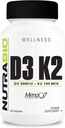 NutraBio Vitamin D3 K2 | 5000 IU D3 ビタミン K2 と Cholecalciferol として MENA-Q MK7 (180mcg) | サポート骨と心の健康 | 非GMO、グルテンフリー、ラクトースフリー | 60 野菜カプセル