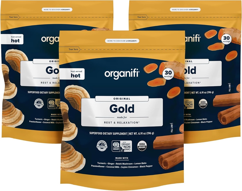 Organifi: Gold - Superfood Supplement Powder- 90 Servings (3 Pack) - Stress Support, Better Rest, Relaxation and Promotes Restful Sleep - Turmeric and Reishi Infused
