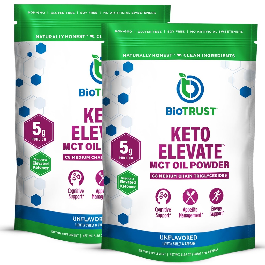 BioTrust Keto Elevate - C8 MCTオイルパウダー - Ketogenic MCTコーヒークリーマー、Ketoコーヒークリーマー - クリーンエネルギー、メンタルフォーカス&クラリティ - 100%のカプリル酸MCTパウダー、非GMO(不燃、40のサービング)