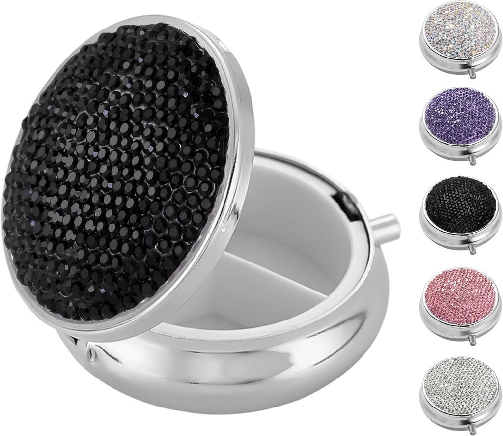 果実のかわいい小さなピルボックス、女性のためのラインストーンピルケース フィッシュオイル ビタミン医薬品、金属製のポータブルピルケース パーソナイザー 財布、ポケット、旅行(Bling Black)