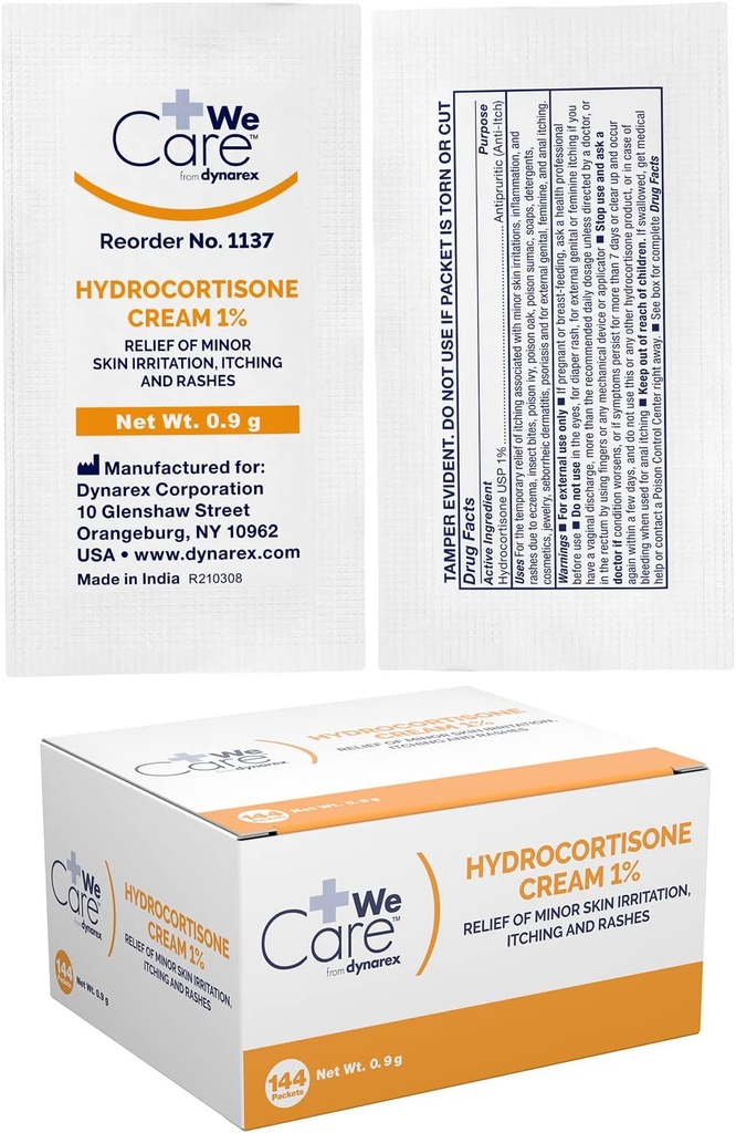 Dynarex Hydrocortisone クリーム - マイナースキン エッチング、発疹、イリテーションの一時的な救済のための Topical Anti-Itch Hydrocortisone 軟膏 - .9g パケット、1 ボックス 144