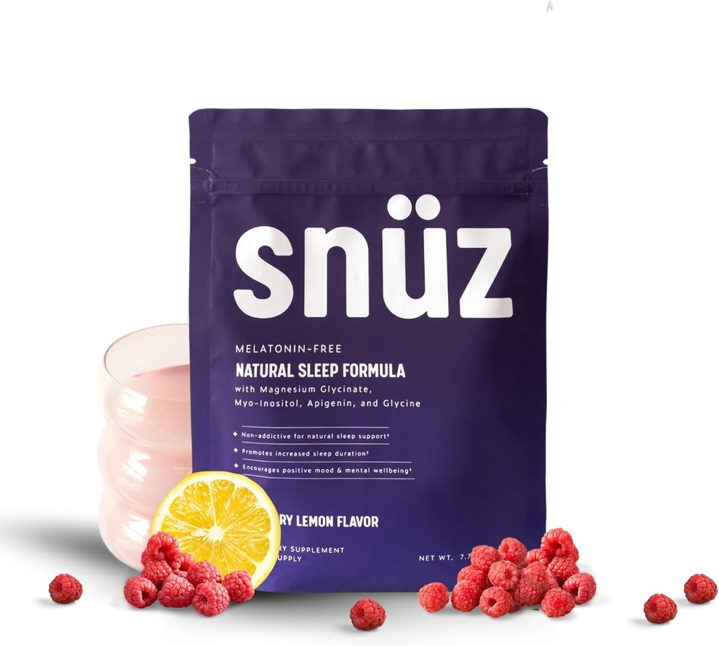 snüz 天然睡眠サポートサプリメント マグネシウム グリシン、ミオイノシトール、アピゲニン&グリシン、メラトニンフリー、大人のための睡眠補助金、非 GMO、グルテンフリー、ビーガン、ラズベリーレモン味、30 Svgs