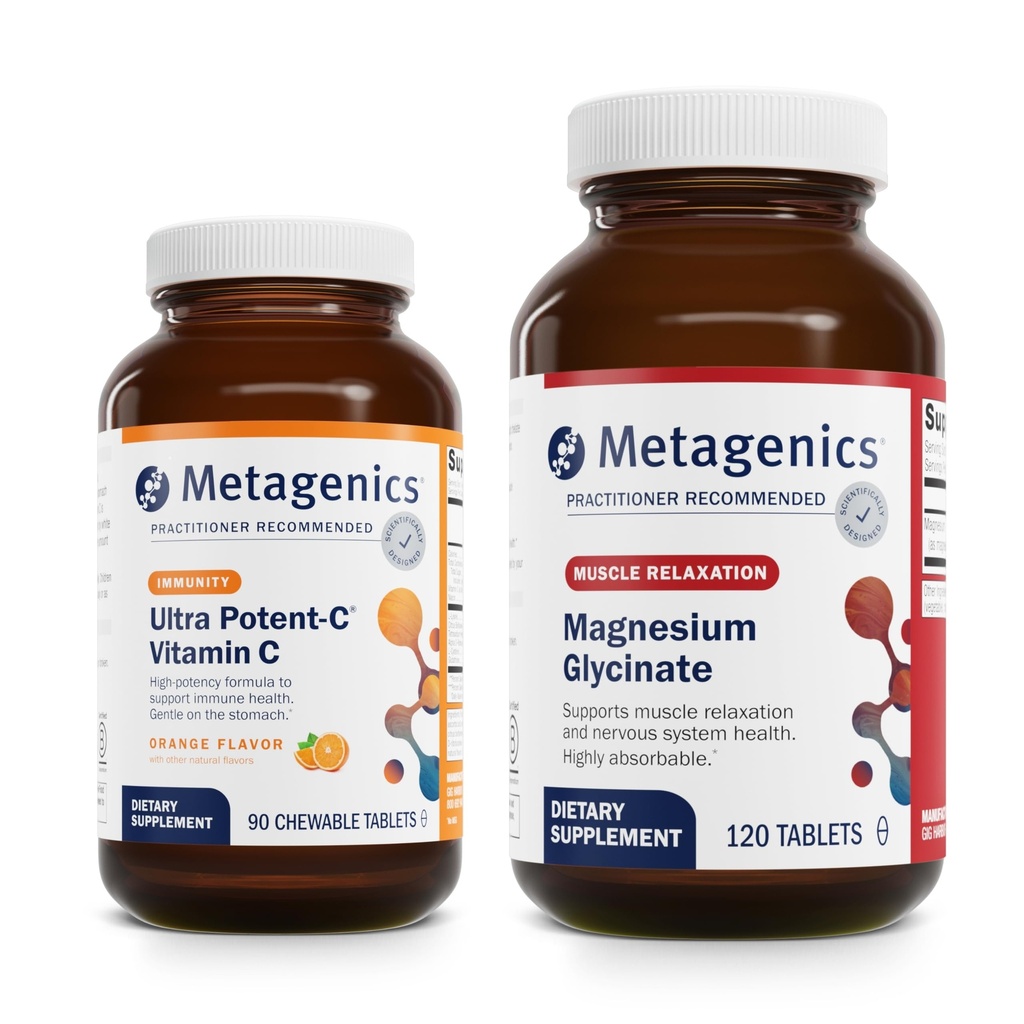 メタジェニックスバンドル - Ultra Potent-C Chewable&Glycinate - 免疫&抗酸化対応のための超Potent-Cの90錠 - 神経系サポートのためのMag Glycinateの120錠