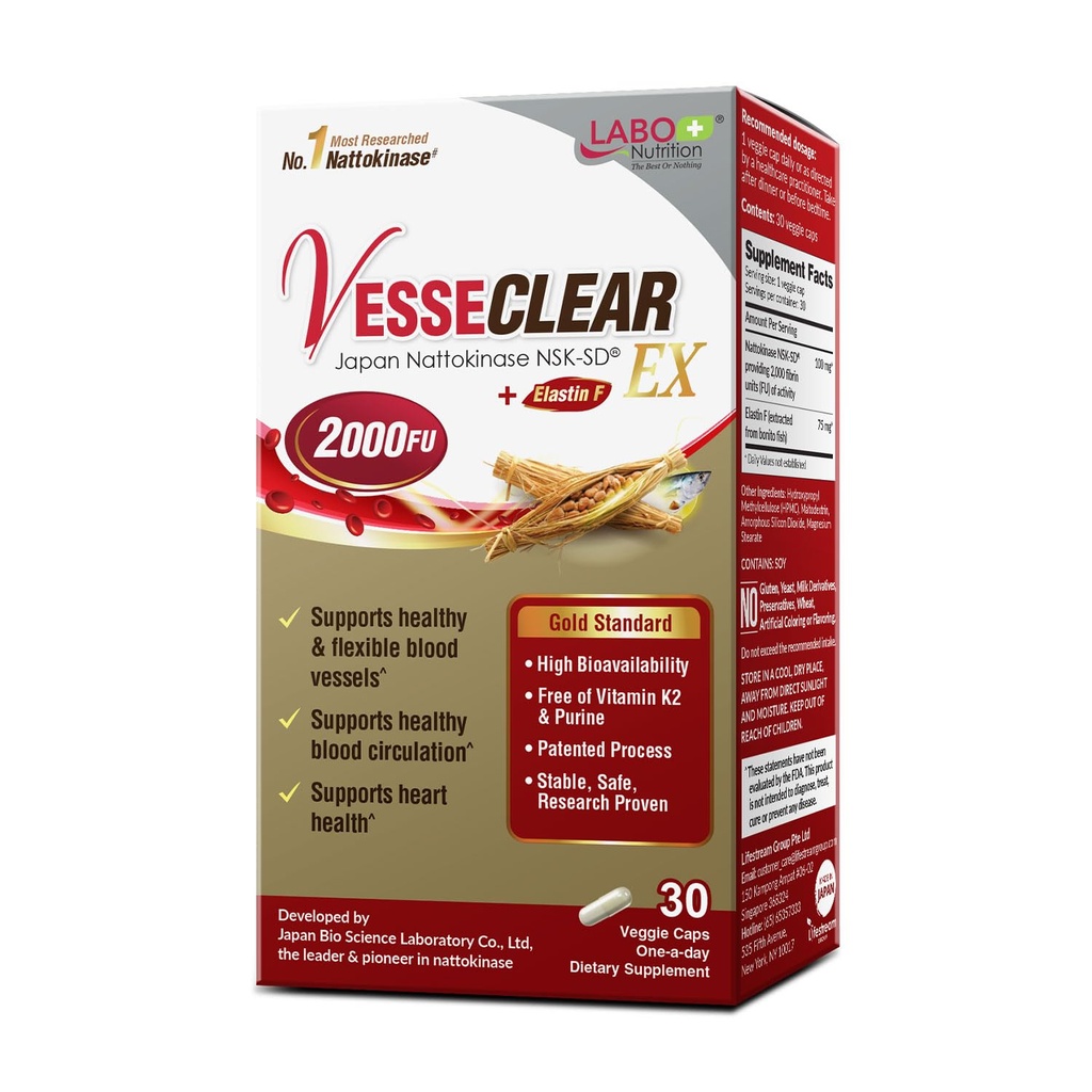 LABO Nutrition VesseClear EX:Nattokinase NSK-SD+Elastin F for Clean & Flexible Blood Vessel. 日本で最も研究実績のある機能的な用量、酸耐性/剥離カプセル