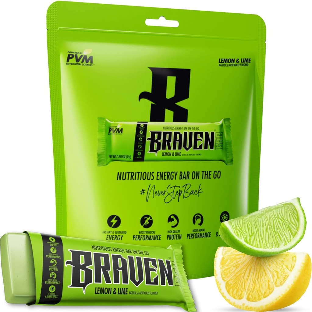 Braven Bar Lemon Lime Energy Bars (1.59 oz, Pack of 10) – Energy Chews with 5g Protein – On-the-Go Energy Snacks for Running, Hiking, and Sports - Gluten Free Snacks for Sustained Energy Boost