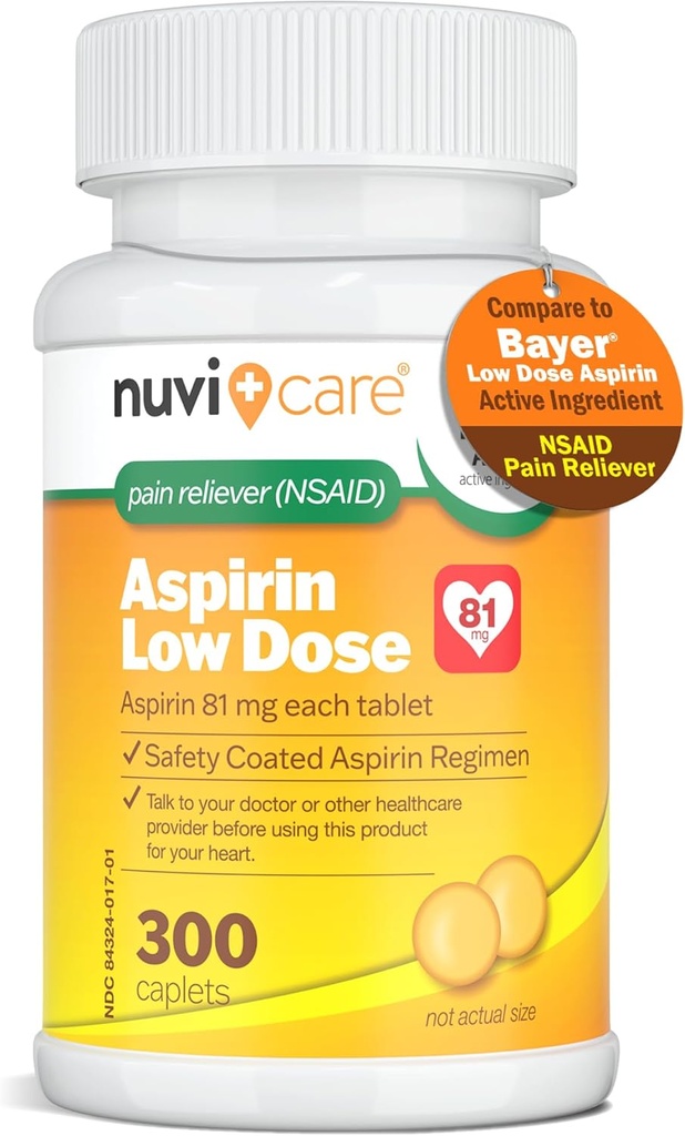 Low Dose Aspirin 81mg for Adults Coated Caplets - Compare to Active Ingredient in Low Dose Bayer Aspirin for Adults - Safety Coated (300 Count)