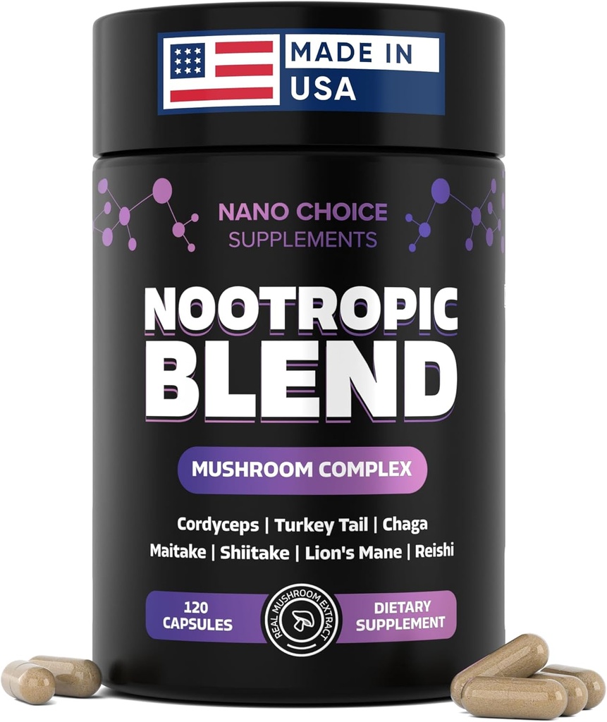 Nano Choice Nootropic Blend - Mushroom Complex Supplement for Brain, Focus, Productivity & Immune Support | Non-GMO, Vegan, Made in USA | 120 Capsules