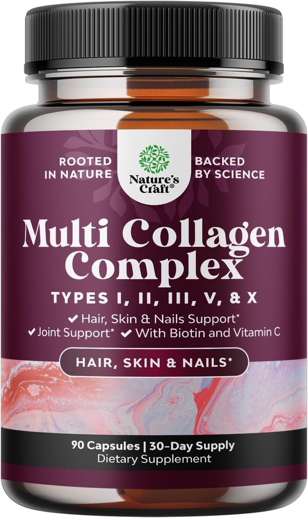 Advanced Multi Collagen Complex - Ageless Multi Collagen Peptides Supplements with Type 1 2 3 5 & X & Biotin for Hair, Skin and Nails Vitamins - Biotin Supplements for Women & Men - 90 Count
