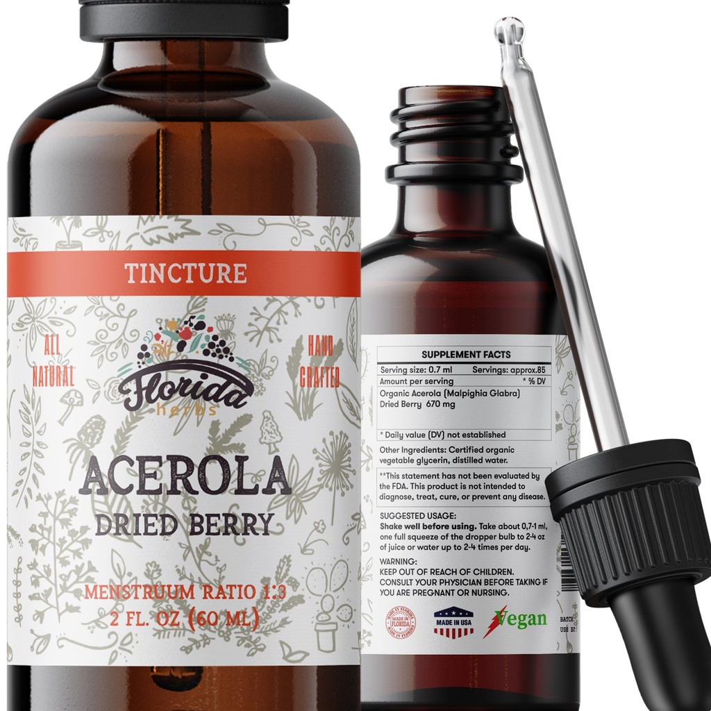 Acerola Tincture(ビタミンC)、有機Acerola Extract(Malpighia Glabra)は、血、心臓、動脈、冷間プレスオーガニック野菜グリセリン、フロリダハーブサプリメントで非GMO乾燥ベリーを乾燥