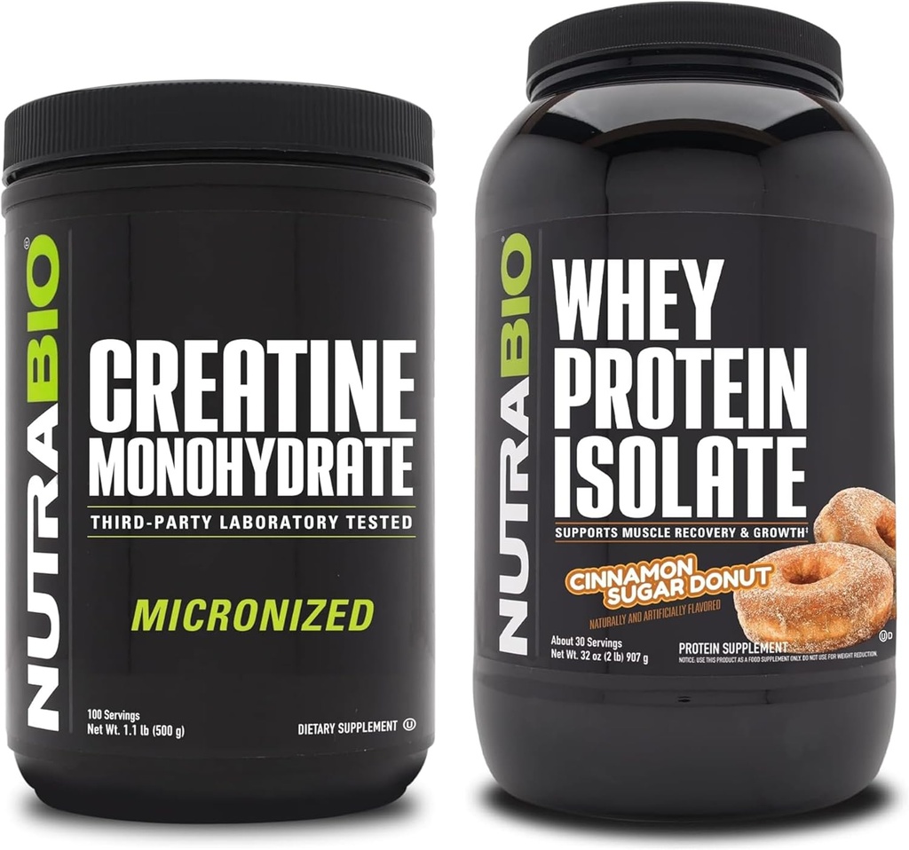 NutraBioクレアチンモノハイドレート、非風味、500gおよびWheyプロテインアイソレート、シナモンシュガードーナ、サプリメントバンドル - 筋肉エネルギー、リーンマッスル成長、回復、強度