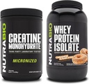 NutraBioクレアチンモノハイドレート、非風味、500gおよびWheyプロテインアイソレート、シナモンシュガードーナ、サプリメントバンドル - 筋肉エネルギー、リーンマッスル成長、回復、強度