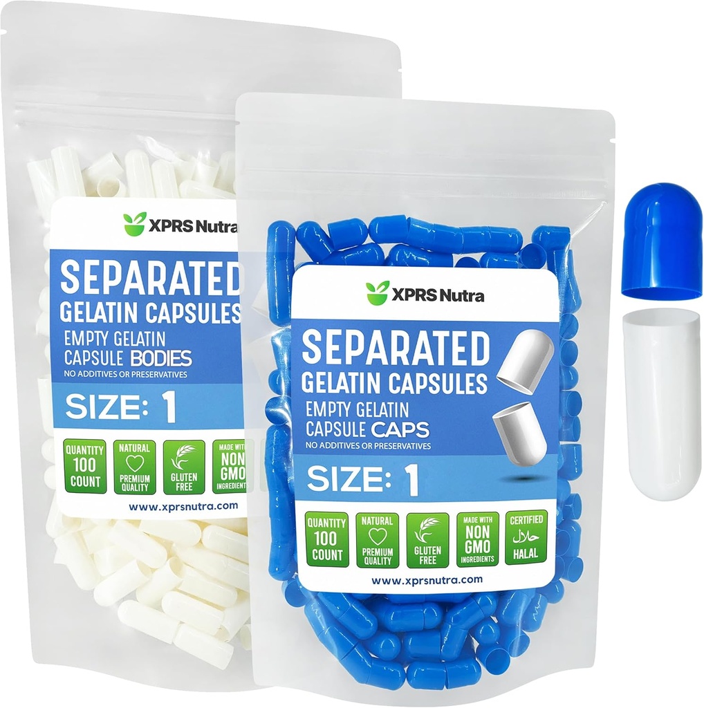 XPRS Nutraのサイズ1のゼラチンによって分けられるカプセル-袋で分けられる100の計算の空の丸薬のカプセル-DIYの補足の詰物のための空の丸薬(青/白)