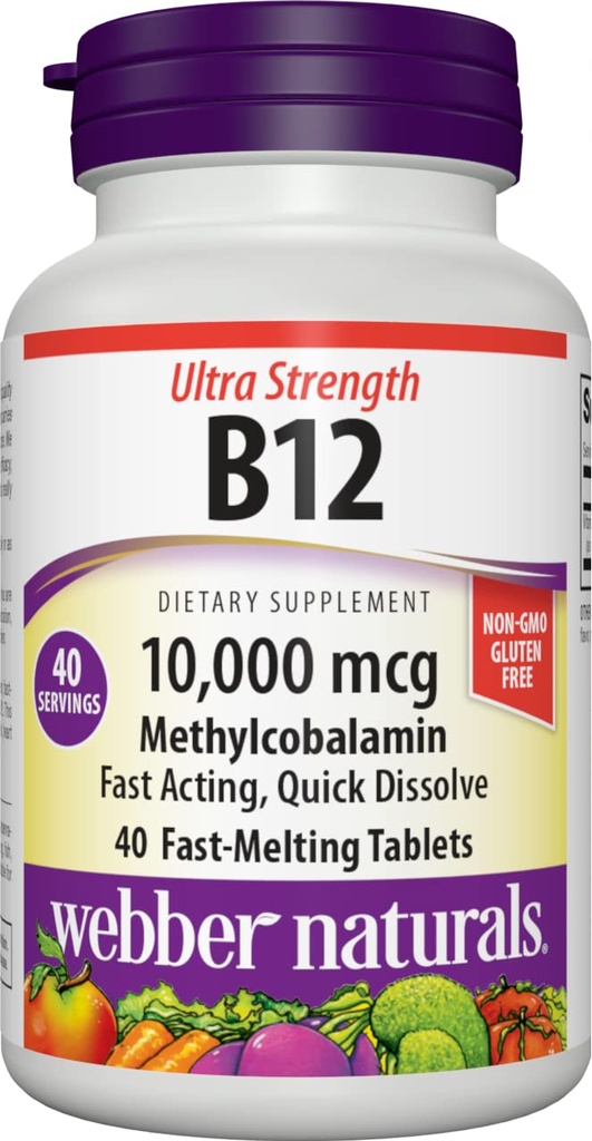 WebberナチュラルビタミンB12 10,000 mcg、超強度、40カウント、高速解体錠、エネルギー代謝のためのビタミンサプリメントサポート、免疫と心臓の健康、ビーガンフォーミュラ
