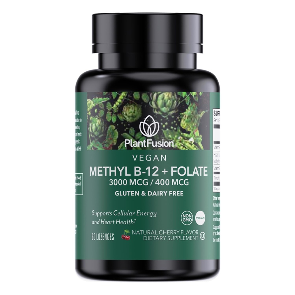 PlantFusion メチル化されたビタミン B 複合体 – ビーガン B12 3000mcg, ビーガン Methylfolate (5-MTHF) 400mcg, B6 & TMG – チェリー風味のロッジ – 60 カウント